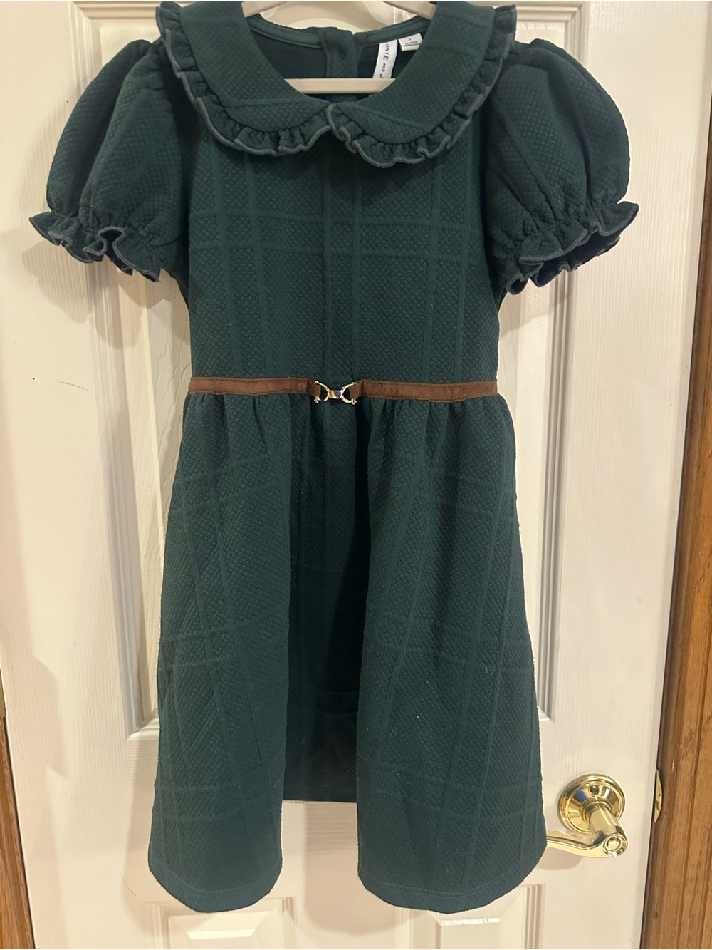 Janie and Jack Dark Green Ruffle Collar Dress with Brown Belt